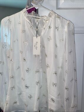 Hacen & Blair White Metallic Bow-Print Blouse